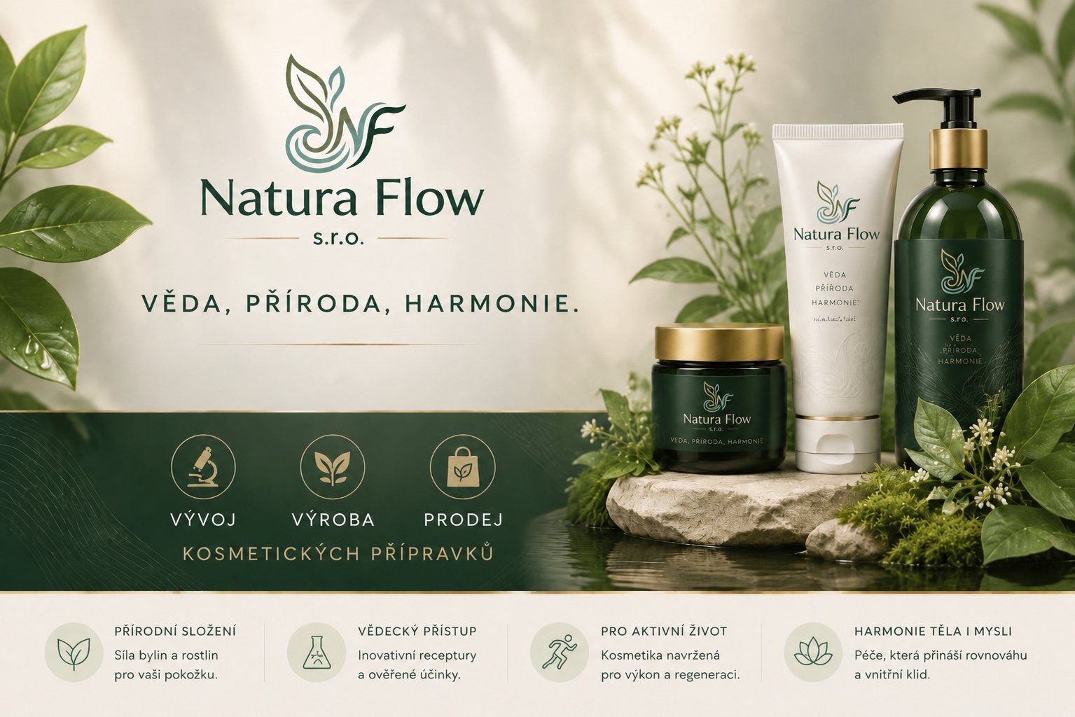 Kosmetické produkty Natura Flow na kamenech v přírodě